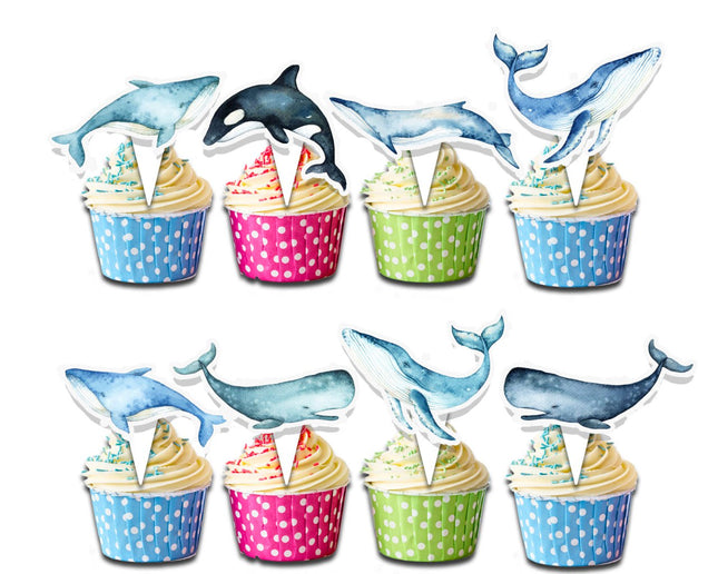 Blue Whale Cupcake Toppers - 24 Pcs Ocean Animals Party Decorations for Kids Birthday, Baby Shower, or Underwater Theme Party Supplies
