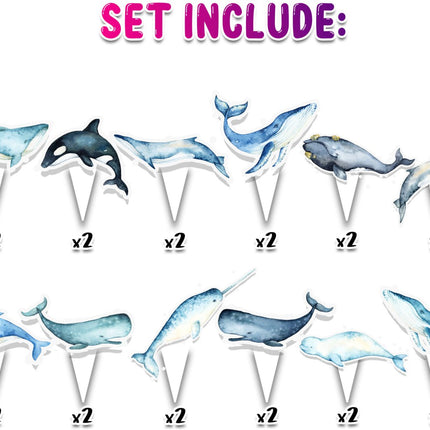 Blue Whale Cupcake Toppers - 24 Pcs Ocean Animals Party Decorations for Kids Birthday, Baby Shower, or Underwater Theme Party Supplies