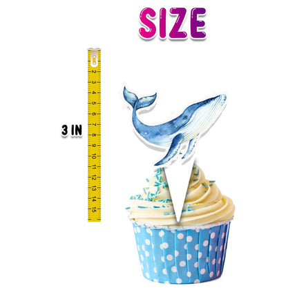Blue Whale Cupcake Toppers - 24 Pcs Ocean Animals Party Decorations for Kids Birthday, Baby Shower, or Underwater Theme Party Supplies