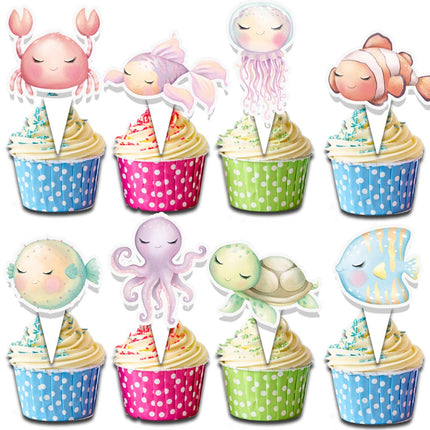 24 Pcs Baby Under the Sea Cupcake Toppers | Ocean-Themed Party Decorations | Pastel Sea Animal Toppers for Birthdays, Baby Showers, and Kids Parties