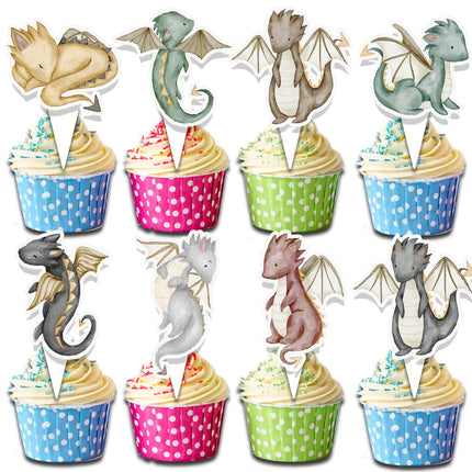 24 Pcs Baby Dragons Cupcake Toppers - Adorable Pastel Color Dragon Theme Decorations for Kids' Parties, Baby Showers, and Fantasy Celebrations