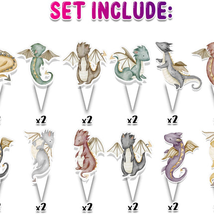 24 Pcs Baby Dragons Cupcake Toppers - Adorable Pastel Color Dragon Theme Decorations for Kids' Parties, Baby Showers, and Fantasy Celebrations