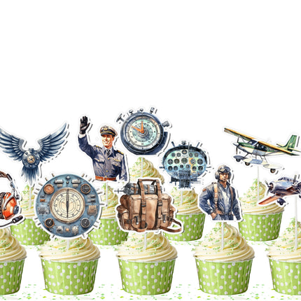 Pilot-Themed Cupcake Toppers - Set of 10 | Aviation Party Decorations | Airplane & Pilot Toppers