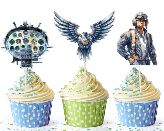 Pilot-Themed Cupcake Toppers - Set of 10 | Aviation Party Decorations | Airplane & Pilot Toppers
