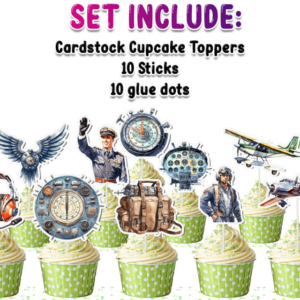 Pilot-Themed Cupcake Toppers - Set of 10 | Aviation Party Decorations | Airplane & Pilot Toppers