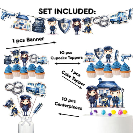 Police-Themed Party Decoration Set – Cake Topper, Cupcake Toppers, Banner, and Centerpieces