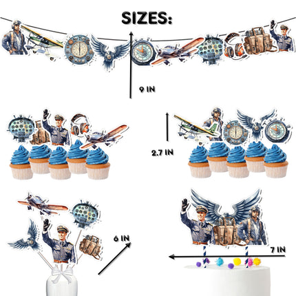 Aviation-Themed Party Decoration Set – Cake Topper, Cupcake Toppers, Banner, and Centerpieces