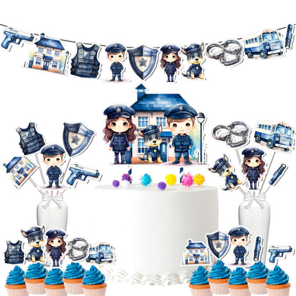 Police-Themed Party Decoration Set – Cake Topper, Cupcake Toppers, Banner, and Centerpieces