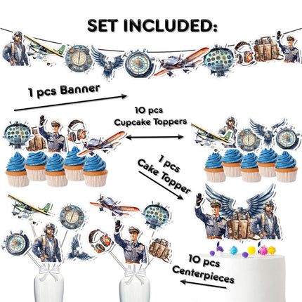 Aviation-Themed Party Decoration Set – Cake Topper, Cupcake Toppers, Banner, and Centerpieces