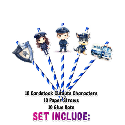 Police-Themed Party Straws – Set of 10PCS Fun Drink Decor