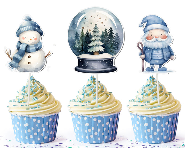 Blue & White Christmas Cupcake Toppers - Set of 10 | Winter Wonderland Party Decor