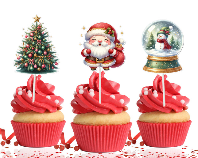 Christmas Cupcake Toppers - Set of 10 | Festive Holiday Party Decorations | Santa, Snowman & Tree Toppers