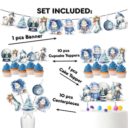 Winter Wonderland Party Decoration Set – Cake Topper, Cupcake Toppers, Banner, and Centerpieces