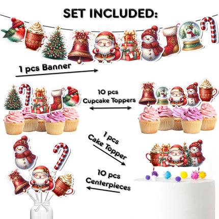 Christmas Party Decoration Set – Santa Cake Topper, Holiday Cupcake Toppers, Festive Banner, and Table Centerpieces