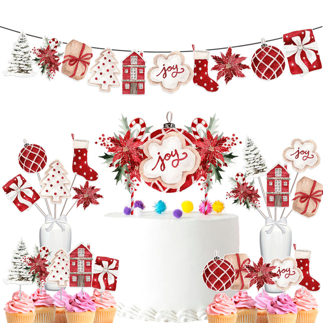 Christmas Joy Party Decoration Set – Cake Topper, Cupcake Toppers, Banner, and Centerpieces
